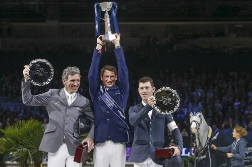 Comemoração no pódio da Final da Copa do Mundo 2013/2014 com Daniel Deusser, Ludger Beerbaum e Scott Brash / Foto: Dirk Caremans