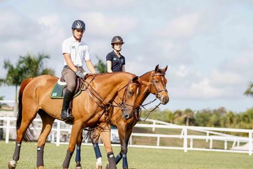 Alberto Sinimbu e Giulia Scampini, representantes da nata da nova geração do hipismo brasileira, durante treino em Wellington / Foto: CBH / Divulgação