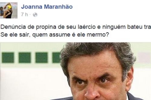 Publicação de Joanna cobra protesto contra Aécio, por denúncias de recebimento de propina / Foto: Reprodução / Facebook