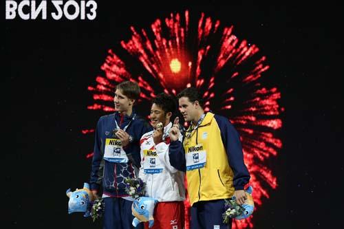 Pódio dos 400m medley, com a presença de Thiago Pereira / Foto: Satiro Sodré / Divulgação CBDA