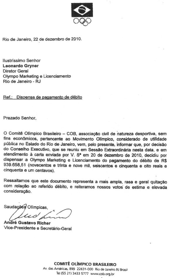 Documento comprova o perdão da dívida / Foto: Reprodução / ESPN